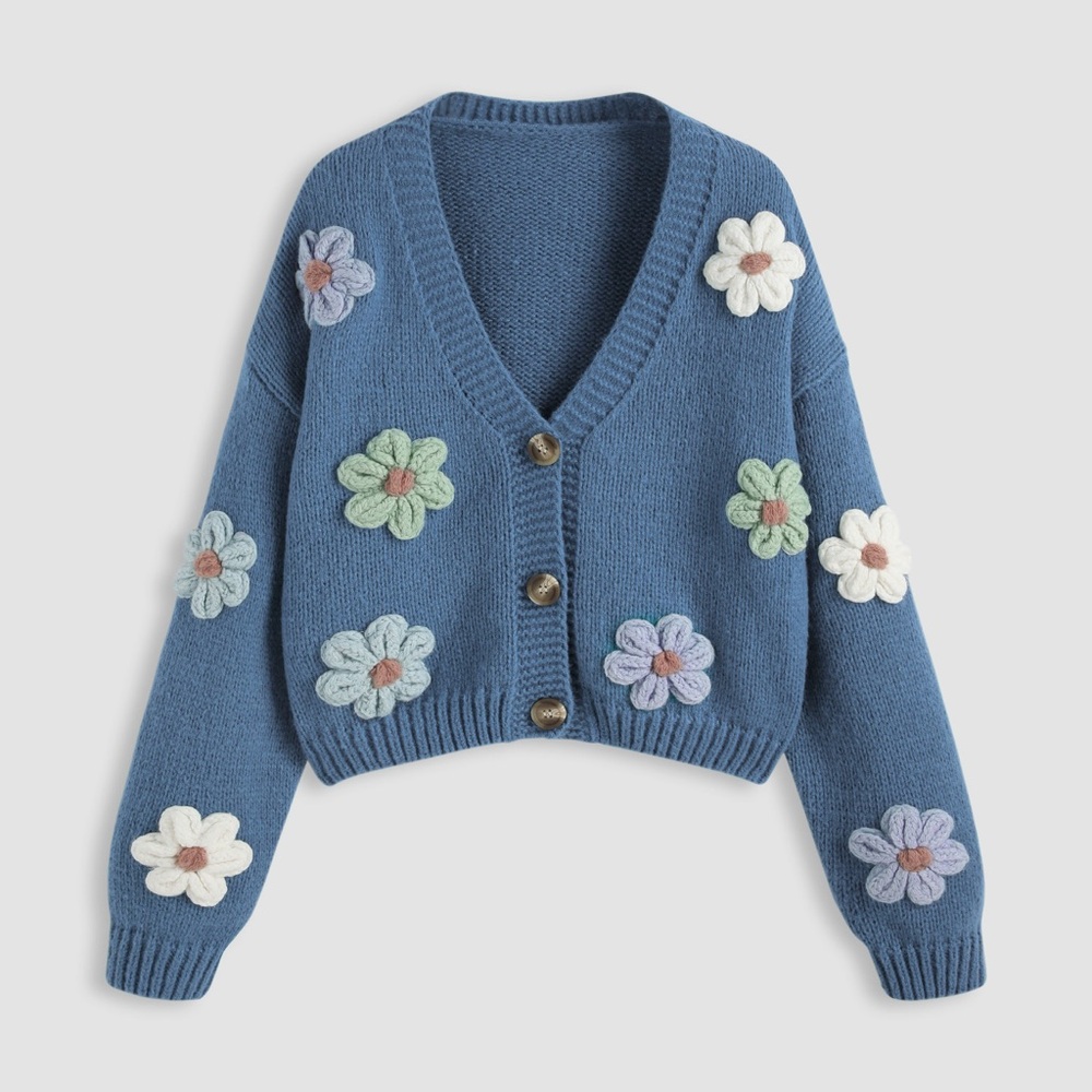 V-neck Button Flower Cardigan